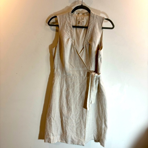 J CREW Sz 6 Dress Natural Ivory Bone Linen Sleeveless Faux Wrap V-Neck Lined - Picture 2 of 7
